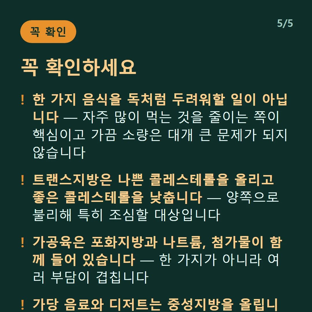꼭 확인하세요 — 한 가지 음식을 독처럼 두려워할 일이 아닙니다 — 자주 많이 먹는 것을 줄이는 쪽이 핵심이고 가끔 소량은 대개 큰 문제가 되지 않습니다 / 트랜스지방은 나쁜 콜레스테롤을 올리고 좋은 콜레스테롤을 낮춥니다 — 양쪽으로 불리해 특히 조심할 대상입니다 / 가공육은 포화지방과 나트륨, 첨가물이 함께 들어 있습니다 — 한 가지가 아니라 여러 부담이 겹칩니다 / 가당 음료와 디저트는 중성지방을 올립니다 — 지방만 문제라고 보기 쉬운데 당도 혈관 위험요인입니다
